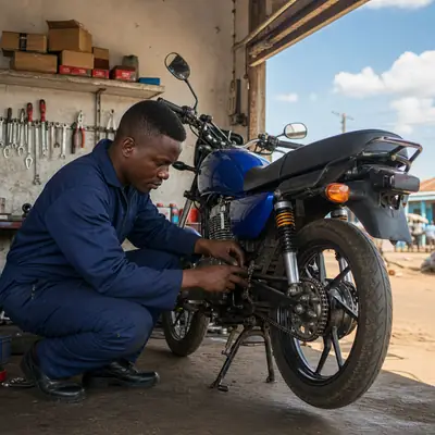 A mechanic adjusting a motorcycle chain in a tidy workshop